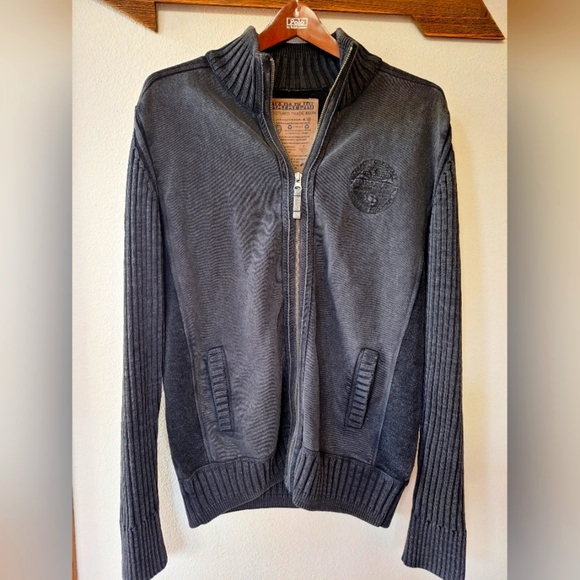 Napapijri Mens Black Wash Full Zip Urban Cotton Ribbed Knit Jacket Size L - Picture 1 of 6